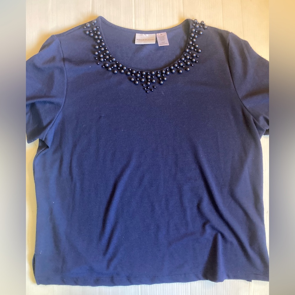 Alfred DUNNER Navy Pearl neckline soft crew blouse top xl